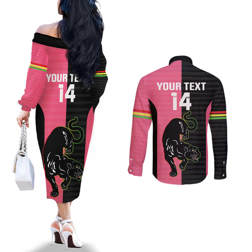 Custom Panthers Rugby Couples Matching Off The Shoulder Long Sleeve Dress and Long Sleeve Button Shirt Black Pink Color Sporty Style