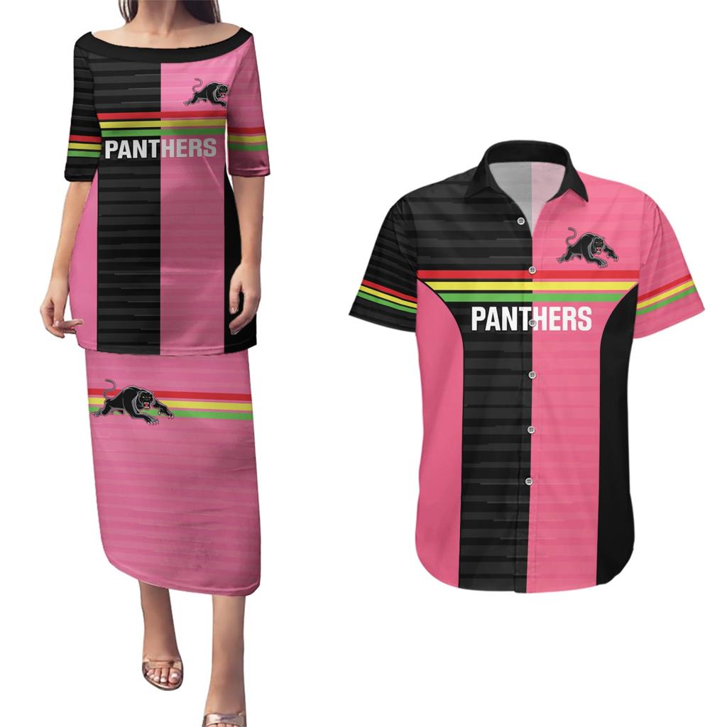 Custom Panthers Rugby Couples Matching Puletasi and Hawaiian Shirt Black Pink Color Sporty Style