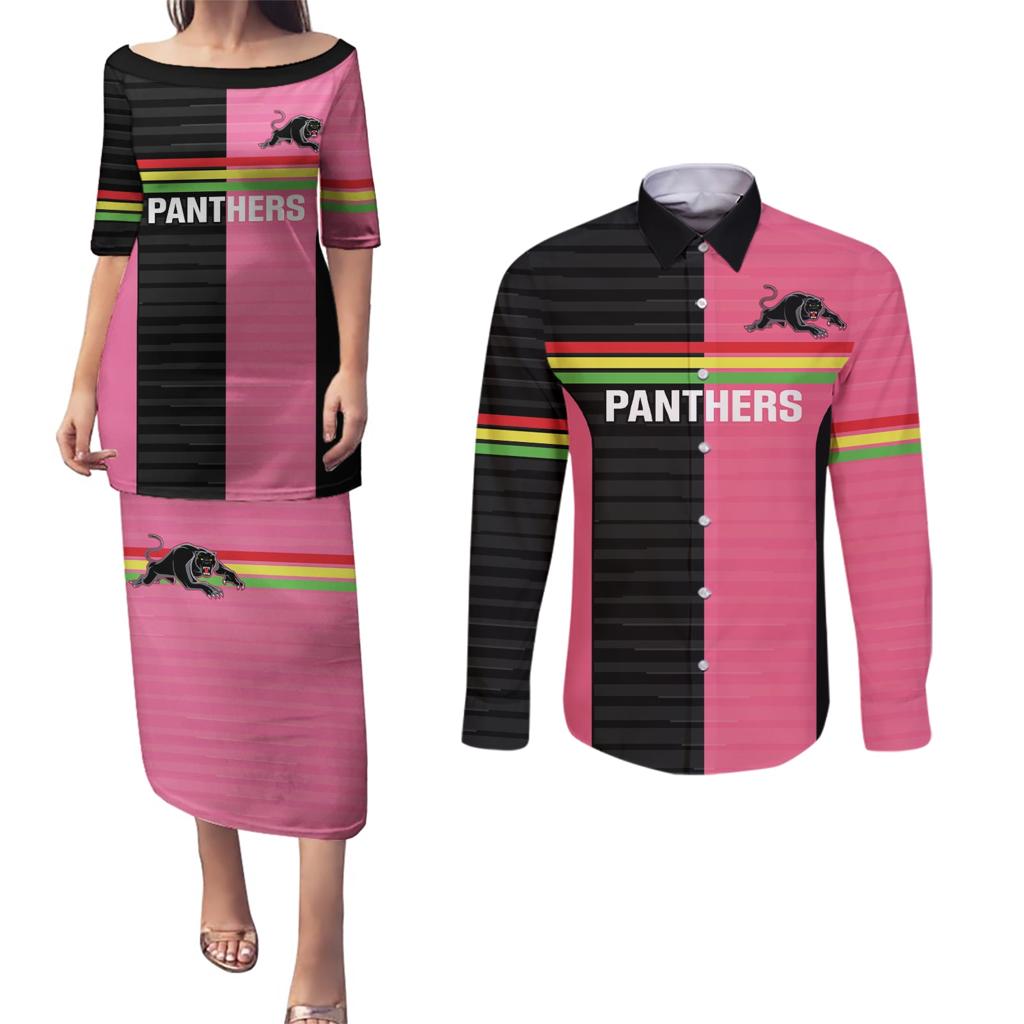 Custom Panthers Rugby Couples Matching Puletasi and Long Sleeve Button Shirt Black Pink Color Sporty Style