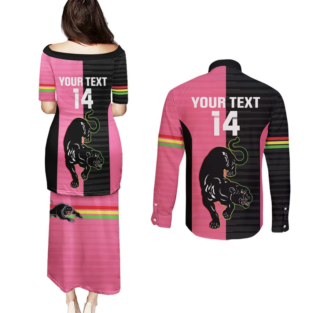 Custom Panthers Rugby Couples Matching Puletasi and Long Sleeve Button Shirt Black Pink Color Sporty Style