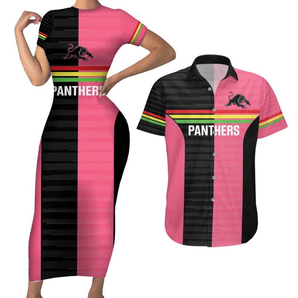Custom Panthers Rugby Couples Matching Short Sleeve Bodycon Dress and Hawaiian Shirt Black Pink Color Sporty Style