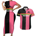 Custom Panthers Rugby Couples Matching Short Sleeve Bodycon Dress and Hawaiian Shirt Black Pink Color Sporty Style