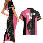 Custom Panthers Rugby Couples Matching Short Sleeve Bodycon Dress and Hawaiian Shirt Black Pink Color Sporty Style
