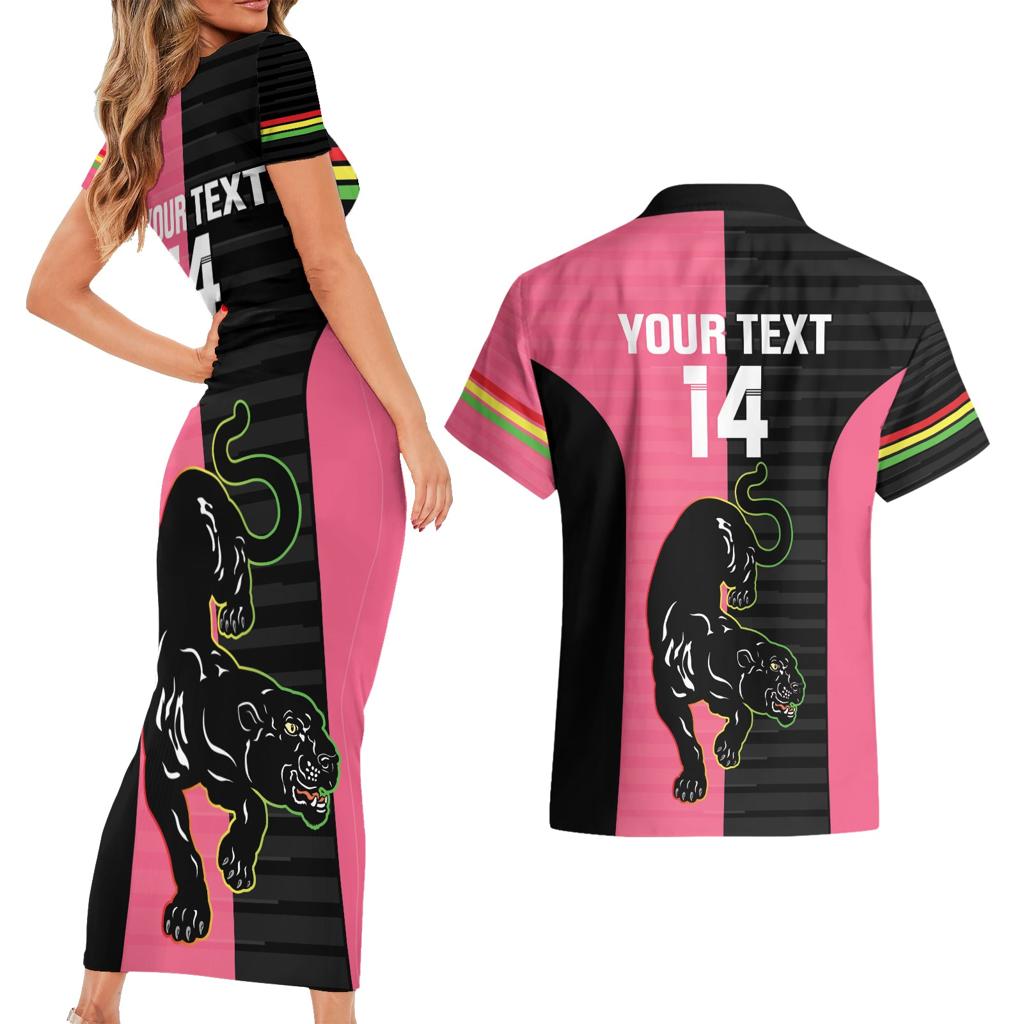 Custom Panthers Rugby Couples Matching Short Sleeve Bodycon Dress and Hawaiian Shirt Black Pink Color Sporty Style