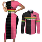Custom Panthers Rugby Couples Matching Short Sleeve Bodycon Dress and Long Sleeve Button Shirt Black Pink Color Sporty Style