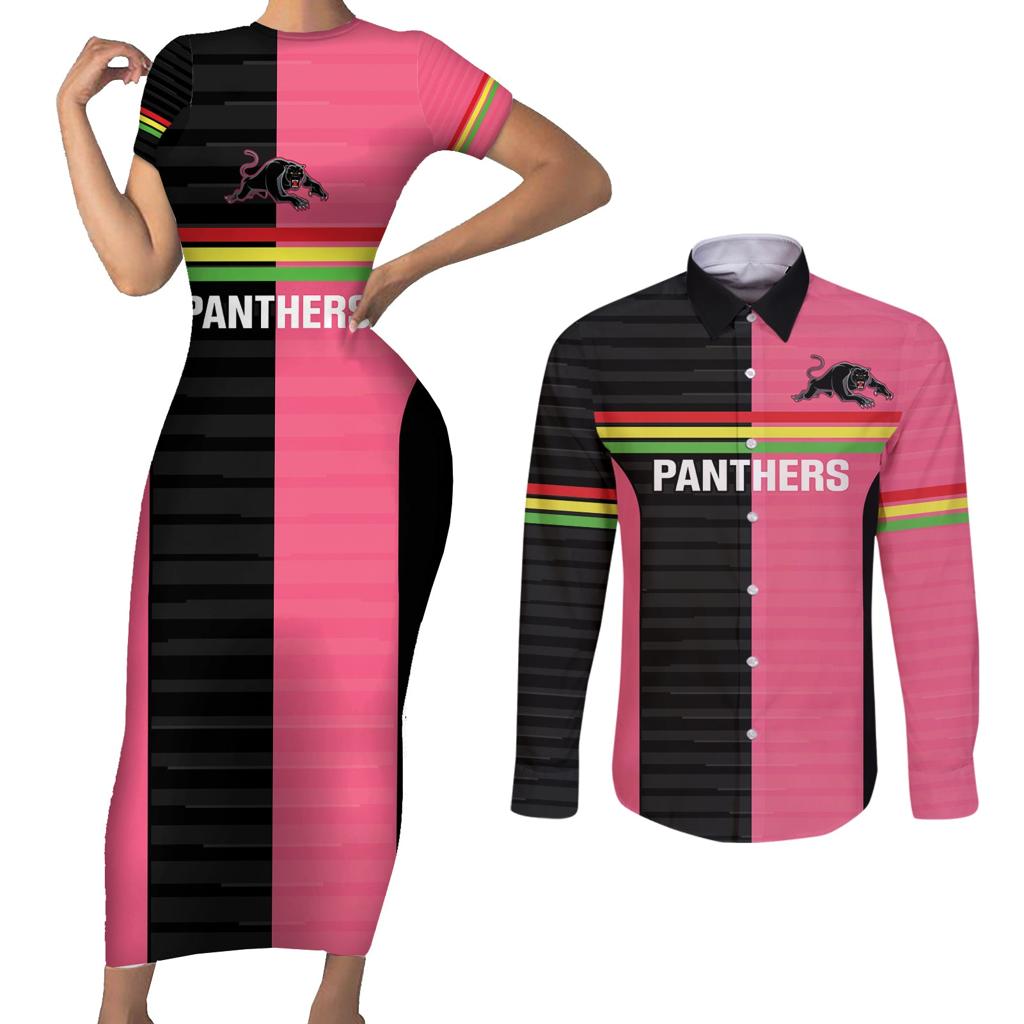Custom Panthers Rugby Couples Matching Short Sleeve Bodycon Dress and Long Sleeve Button Shirt Black Pink Color Sporty Style