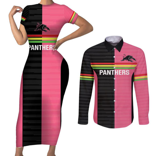Custom Panthers Rugby Couples Matching Short Sleeve Bodycon Dress and Long Sleeve Button Shirt Black Pink Color Sporty Style
