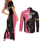 Custom Panthers Rugby Couples Matching Short Sleeve Bodycon Dress and Long Sleeve Button Shirt Black Pink Color Sporty Style