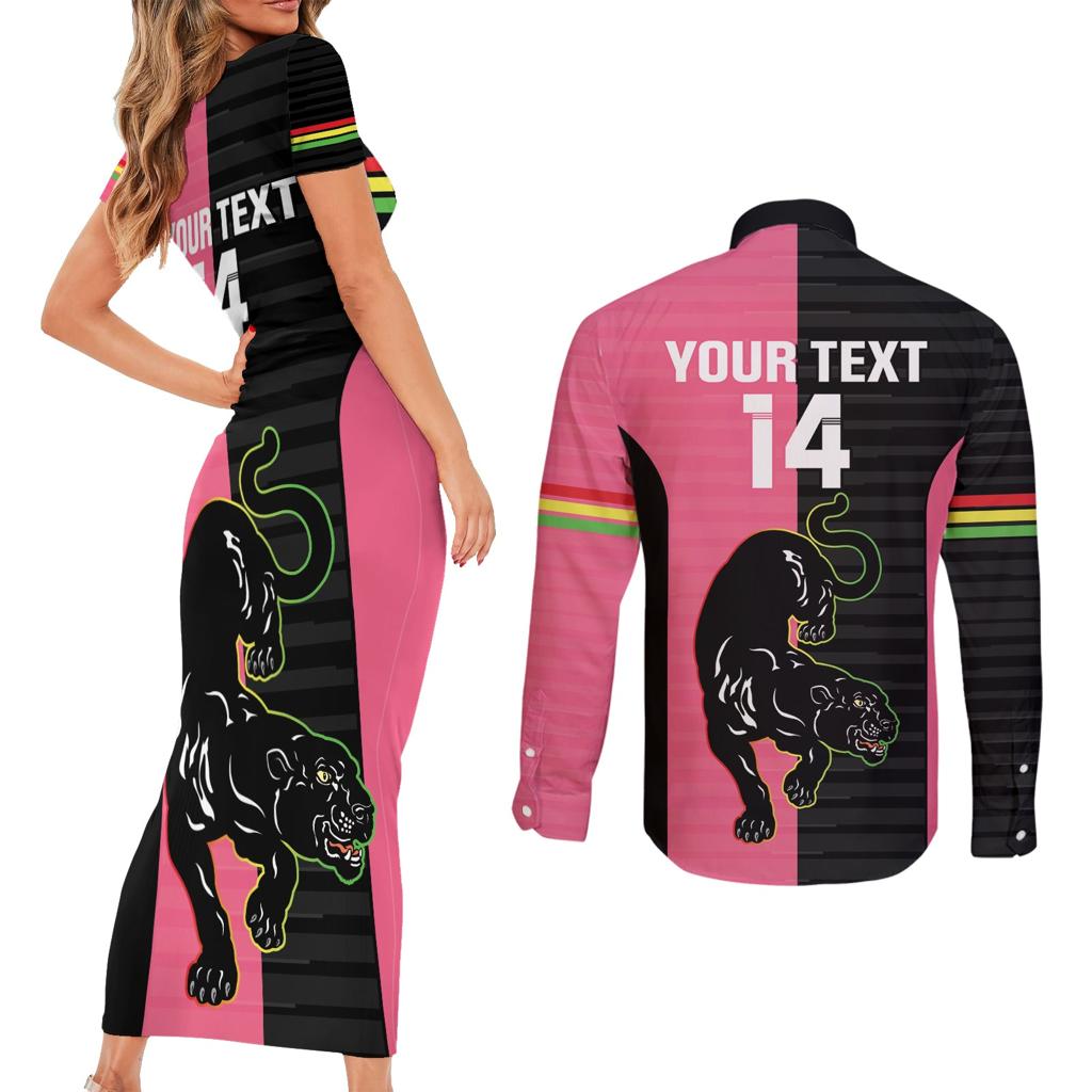 Custom Panthers Rugby Couples Matching Short Sleeve Bodycon Dress and Long Sleeve Button Shirt Black Pink Color Sporty Style