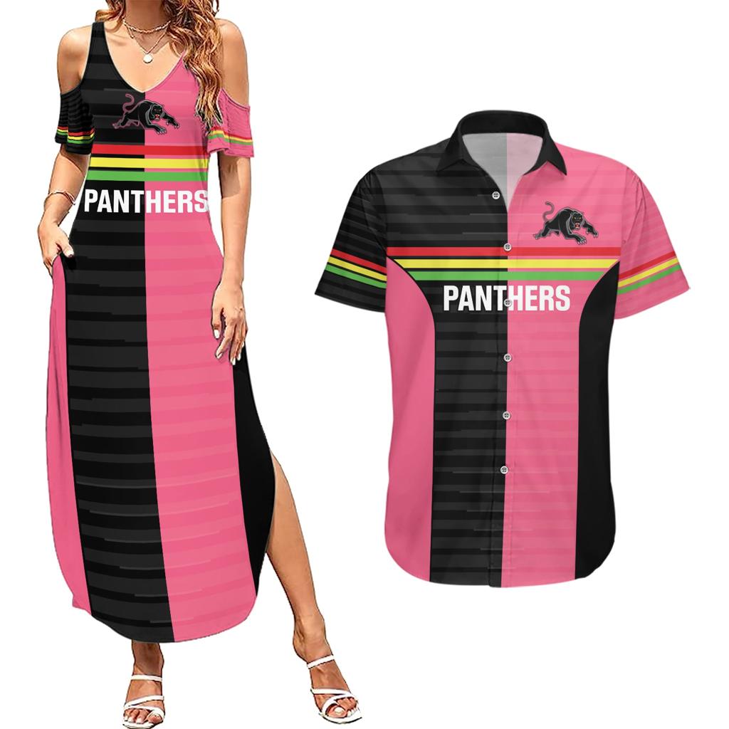 Custom Panthers Rugby Couples Matching Summer Maxi Dress and Hawaiian Shirt Black Pink Color Sporty Style