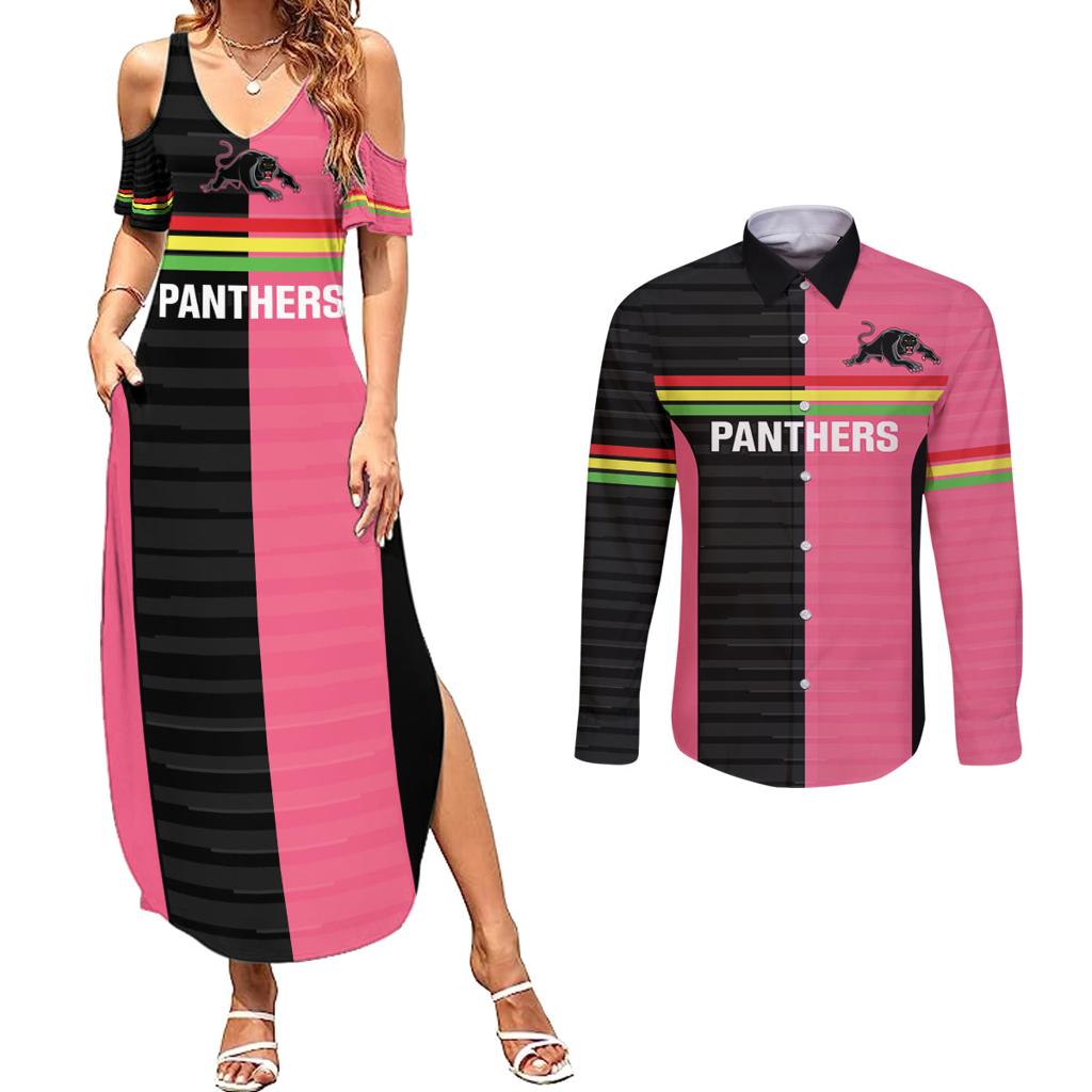 Custom Panthers Rugby Couples Matching Summer Maxi Dress and Long Sleeve Button Shirt Black Pink Color Sporty Style