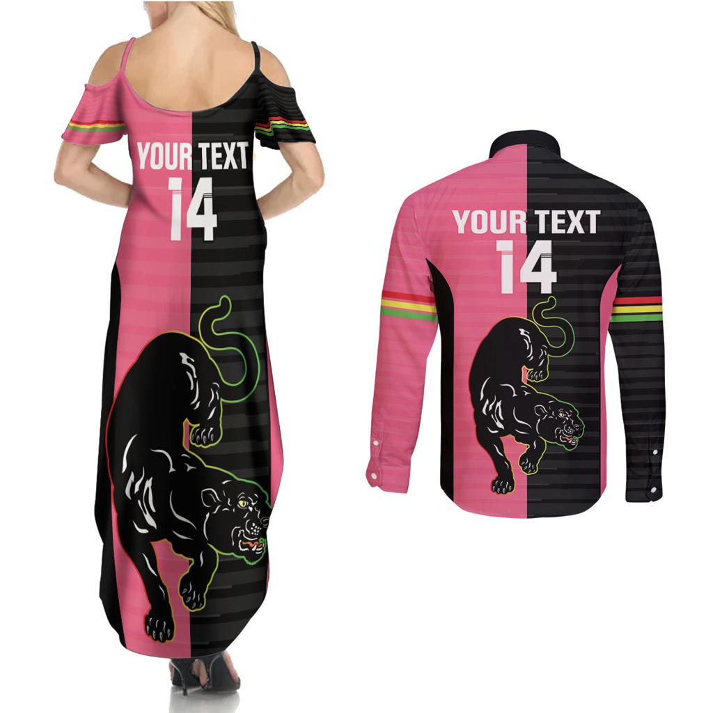 Custom Panthers Rugby Couples Matching Summer Maxi Dress and Long Sleeve Button Shirt Black Pink Color Sporty Style