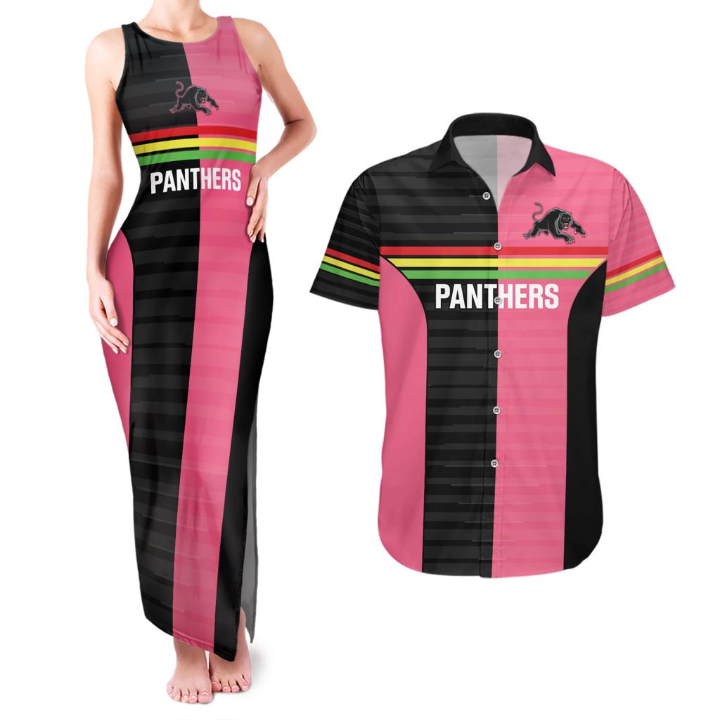 Custom Panthers Rugby Couples Matching Tank Maxi Dress and Hawaiian Shirt Black Pink Color Sporty Style