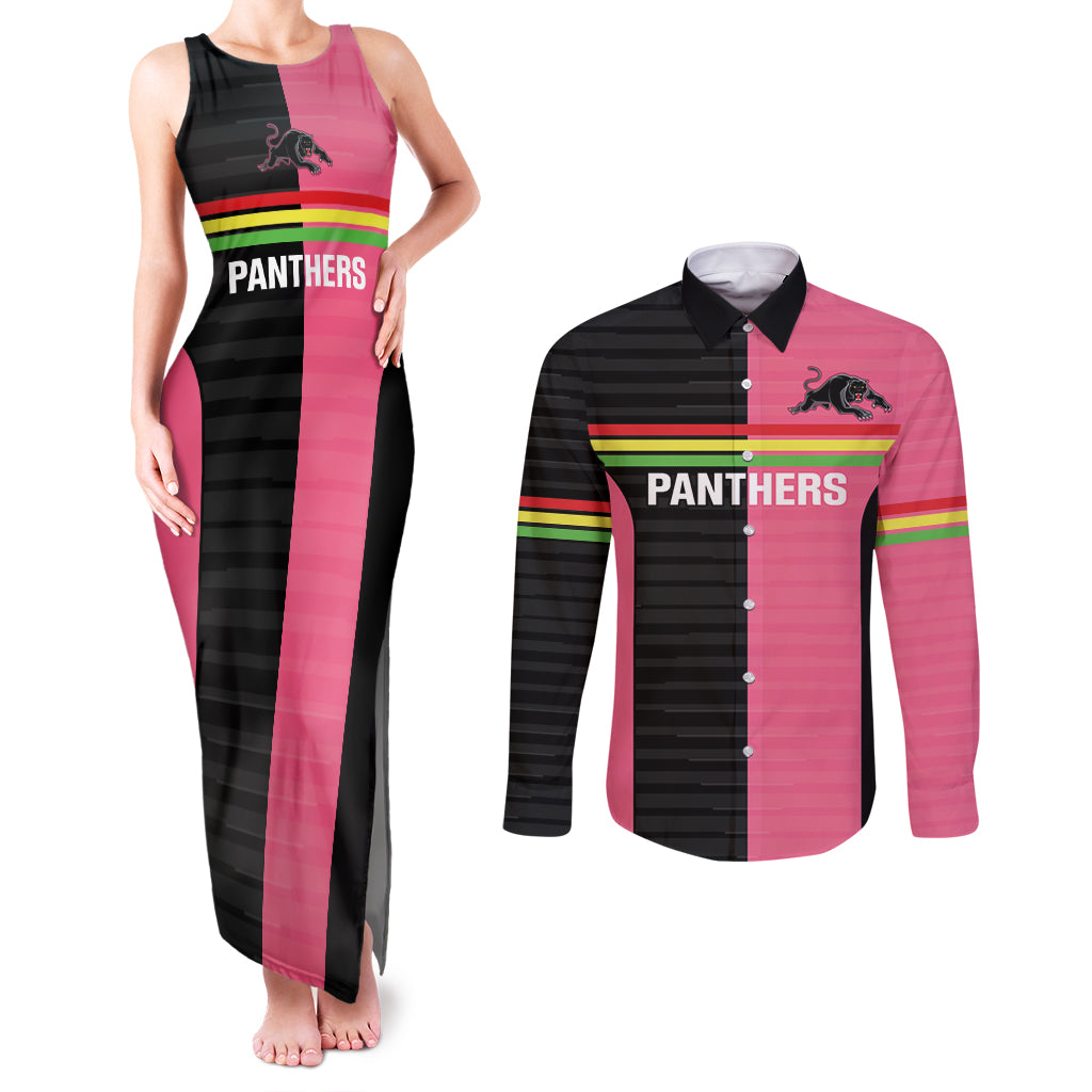 Custom Panthers Rugby Couples Matching Tank Maxi Dress and Long Sleeve Button Shirt Black Pink Color Sporty Style