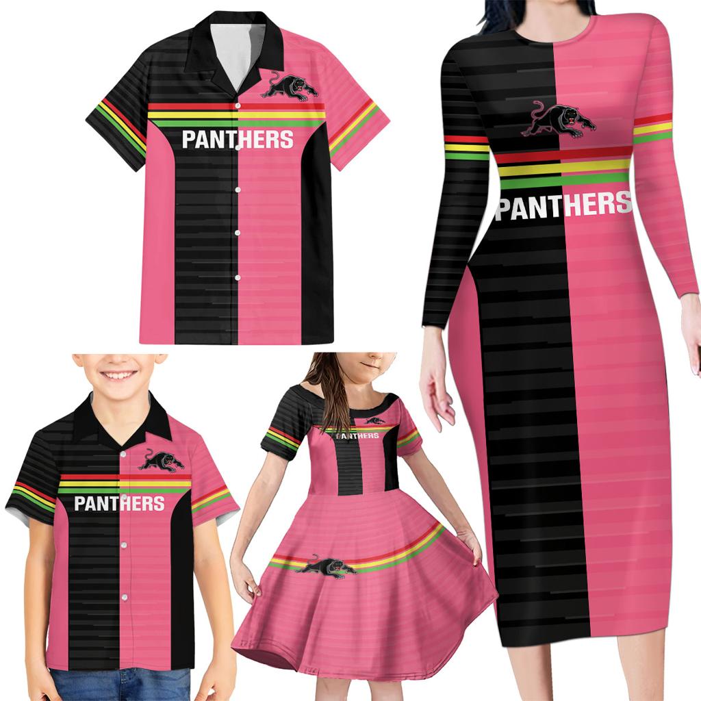 Custom Panthers Rugby Family Matching Long Sleeve Bodycon Dress and Hawaiian Shirt Black Pink Color Sporty Style