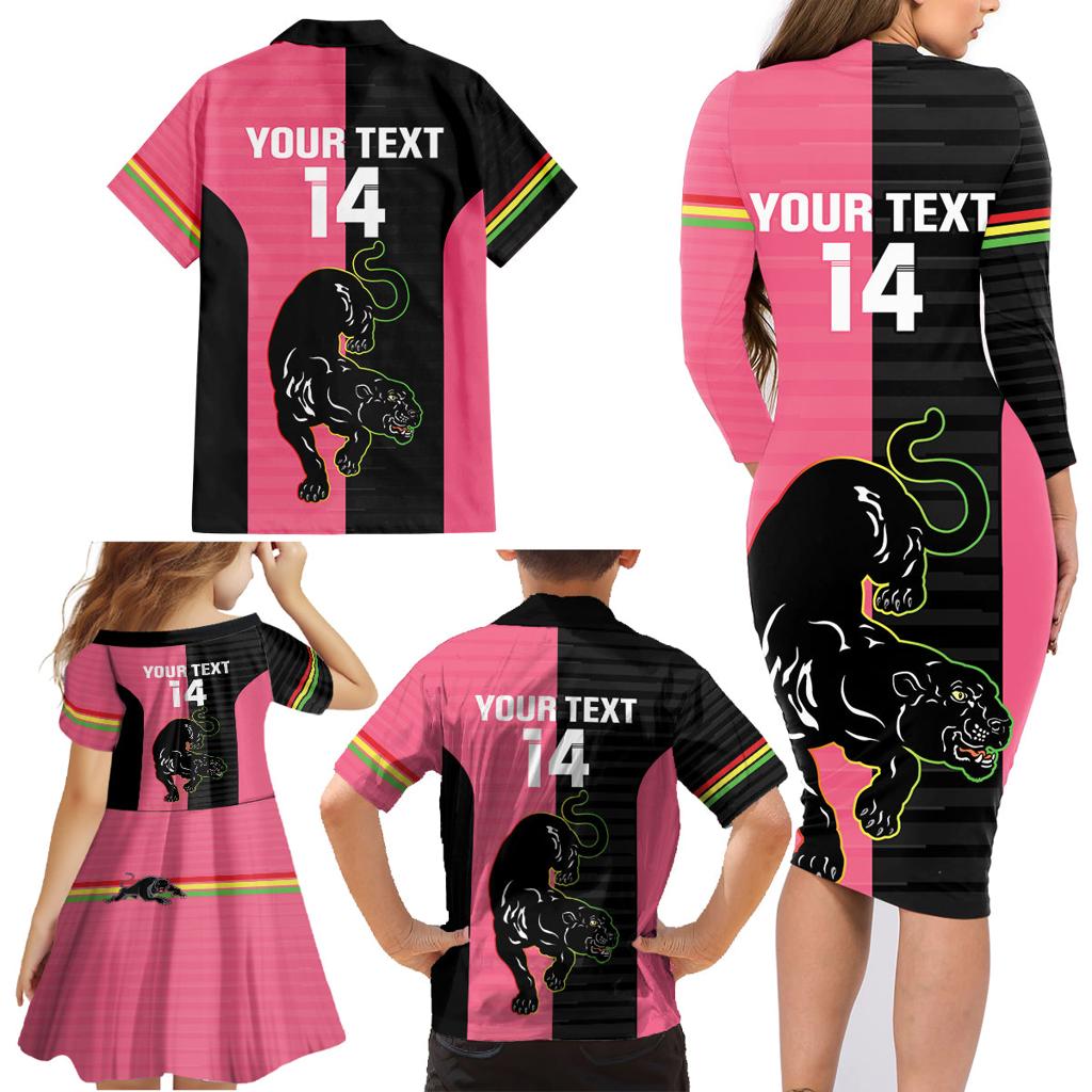 Custom Panthers Rugby Family Matching Long Sleeve Bodycon Dress and Hawaiian Shirt Black Pink Color Sporty Style