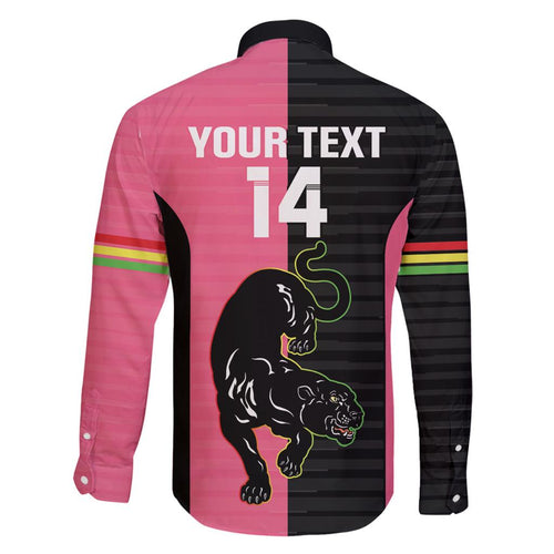 Custom Panthers Rugby Family Matching Long Sleeve Bodycon Dress and Hawaiian Shirt Black Pink Color Sporty Style