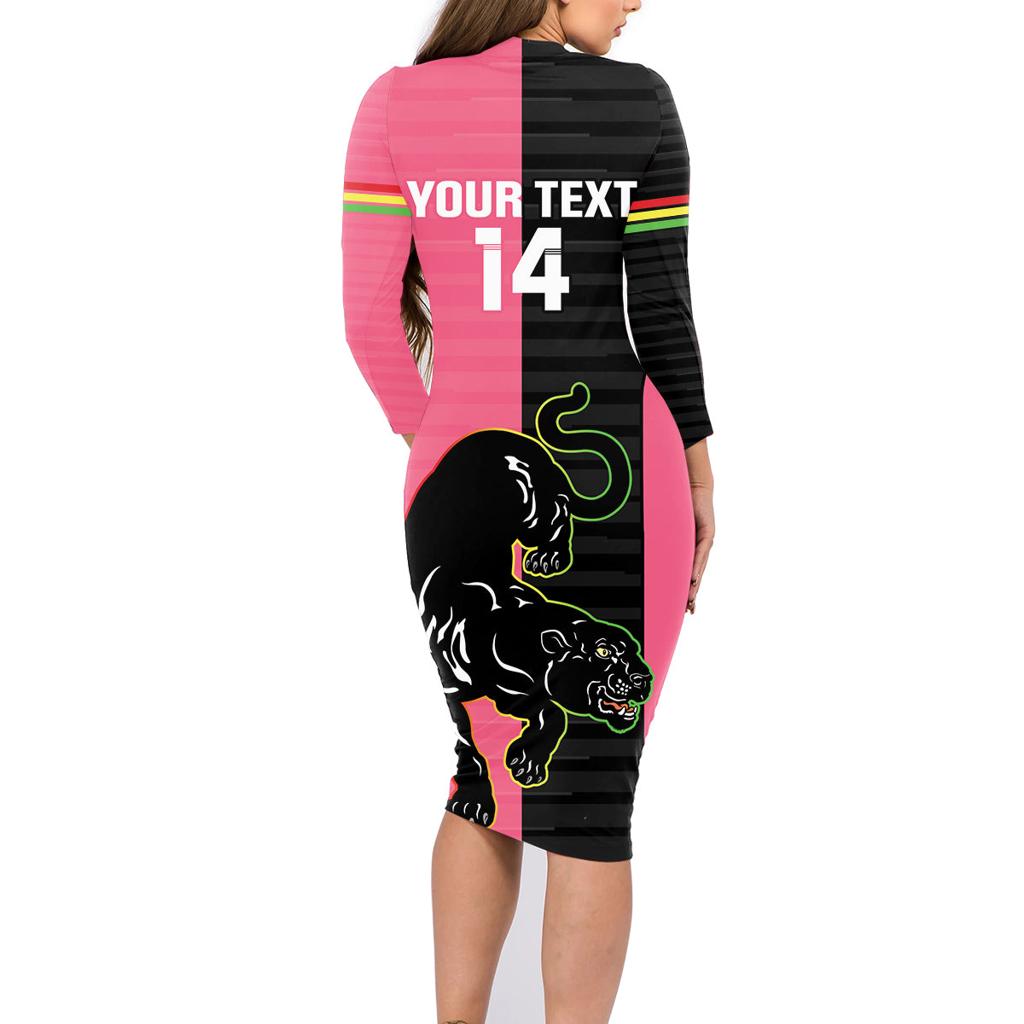 Custom Panthers Rugby Family Matching Long Sleeve Bodycon Dress and Hawaiian Shirt Black Pink Color Sporty Style