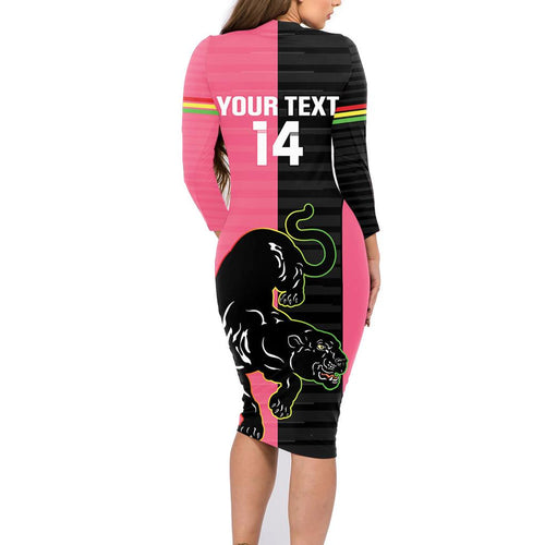 Custom Panthers Rugby Family Matching Long Sleeve Bodycon Dress and Hawaiian Shirt Black Pink Color Sporty Style
