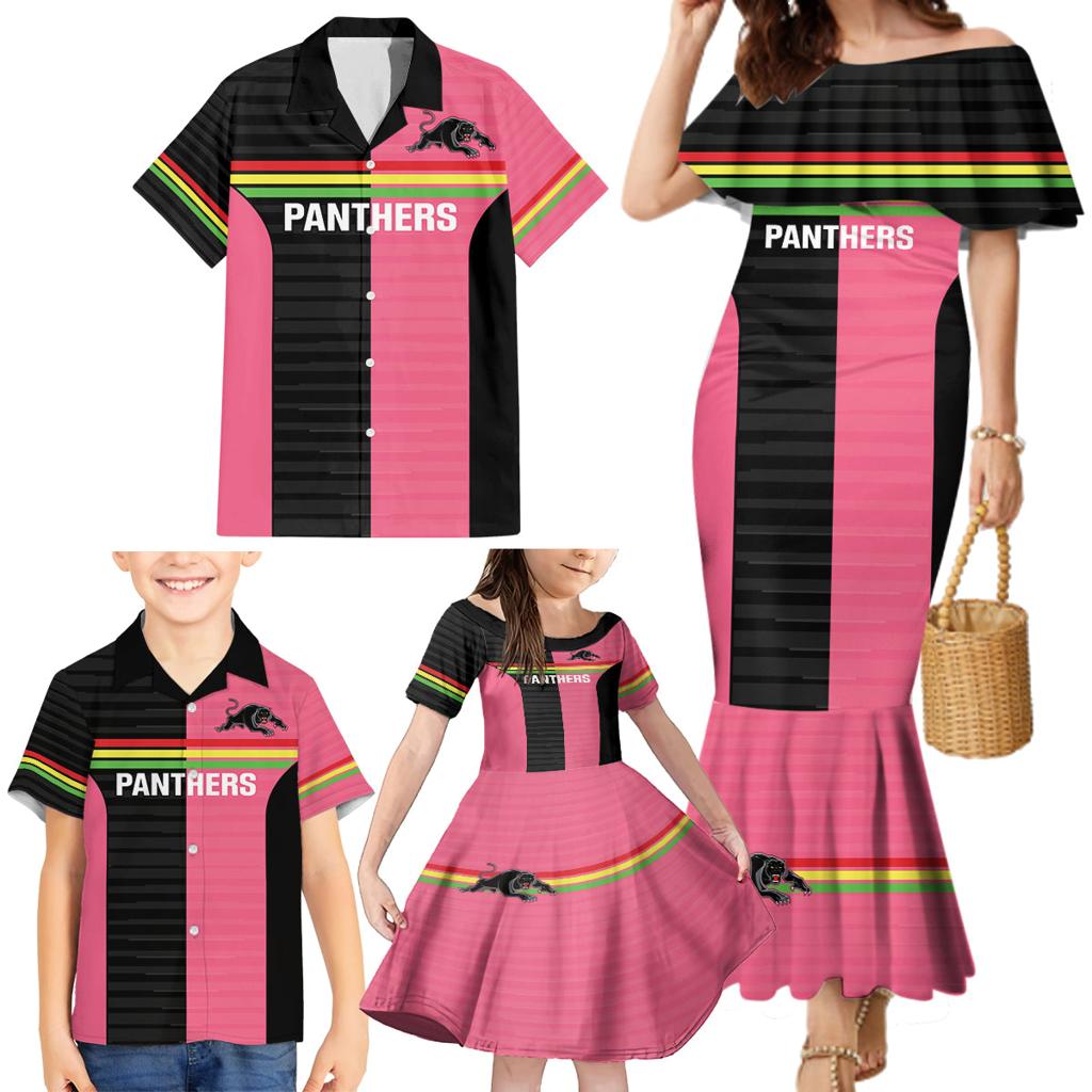 Custom Panthers Rugby Family Matching Mermaid Dress and Hawaiian Shirt Black Pink Color Sporty Style
