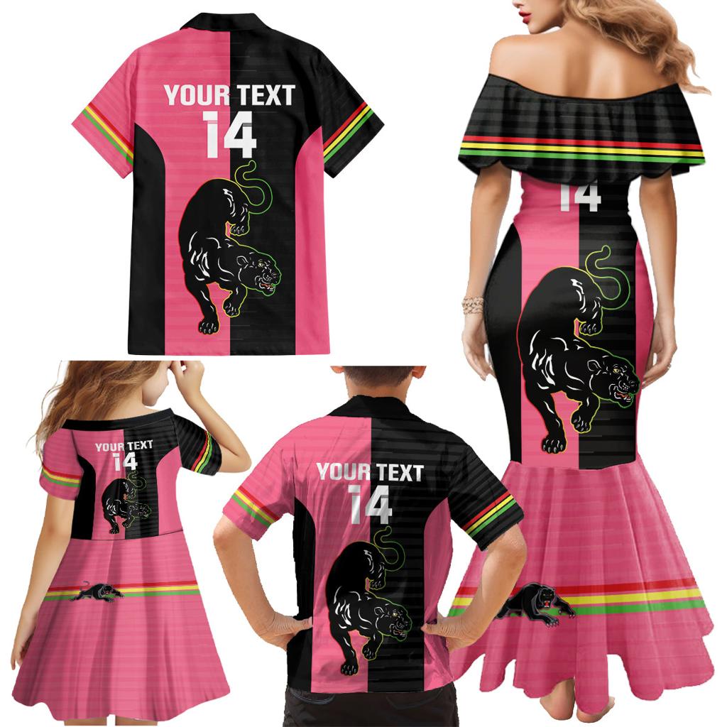 Custom Panthers Rugby Family Matching Mermaid Dress and Hawaiian Shirt Black Pink Color Sporty Style