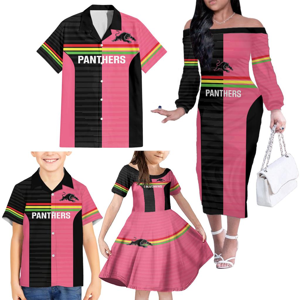 Custom Panthers Rugby Family Matching Off The Shoulder Long Sleeve Dress and Hawaiian Shirt Black Pink Color Sporty Style