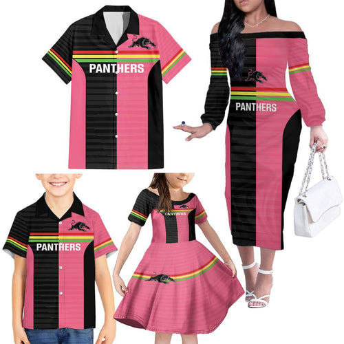 Custom Panthers Rugby Family Matching Off The Shoulder Long Sleeve Dress and Hawaiian Shirt Black Pink Color Sporty Style