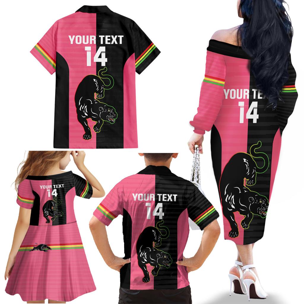 Custom Panthers Rugby Family Matching Off The Shoulder Long Sleeve Dress and Hawaiian Shirt Black Pink Color Sporty Style