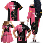 Custom Panthers Rugby Family Matching Off The Shoulder Long Sleeve Dress and Hawaiian Shirt Black Pink Color Sporty Style