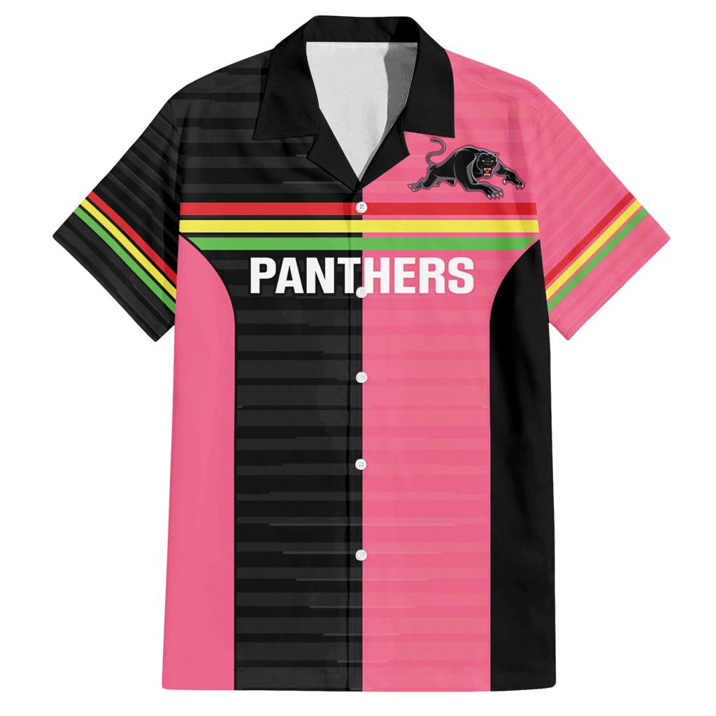 Custom Panthers Rugby Family Matching Off The Shoulder Long Sleeve Dress and Hawaiian Shirt Black Pink Color Sporty Style