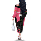 Custom Panthers Rugby Family Matching Off The Shoulder Long Sleeve Dress and Hawaiian Shirt Black Pink Color Sporty Style