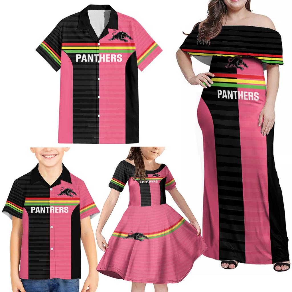 Custom Panthers Rugby Family Matching Off Shoulder Maxi Dress and Hawaiian Shirt Black Pink Color Sporty Style