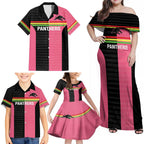 Custom Panthers Rugby Family Matching Off Shoulder Maxi Dress and Hawaiian Shirt Black Pink Color Sporty Style