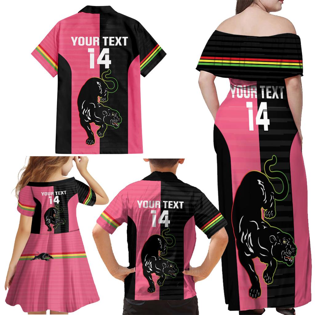 Custom Panthers Rugby Family Matching Off Shoulder Maxi Dress and Hawaiian Shirt Black Pink Color Sporty Style