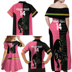 Custom Panthers Rugby Family Matching Off Shoulder Maxi Dress and Hawaiian Shirt Black Pink Color Sporty Style