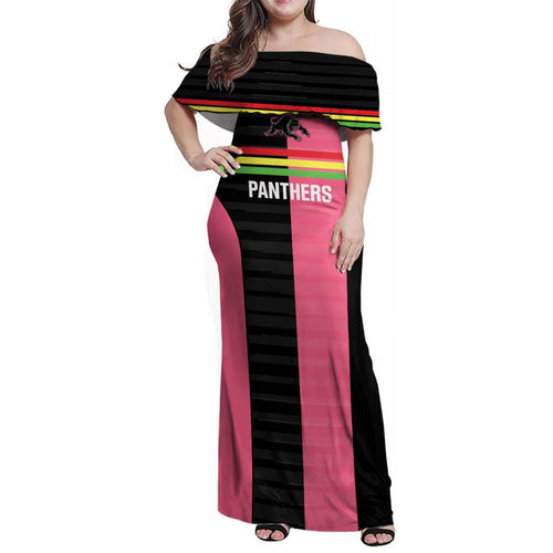 Custom Panthers Rugby Family Matching Off Shoulder Maxi Dress and Hawaiian Shirt Black Pink Color Sporty Style