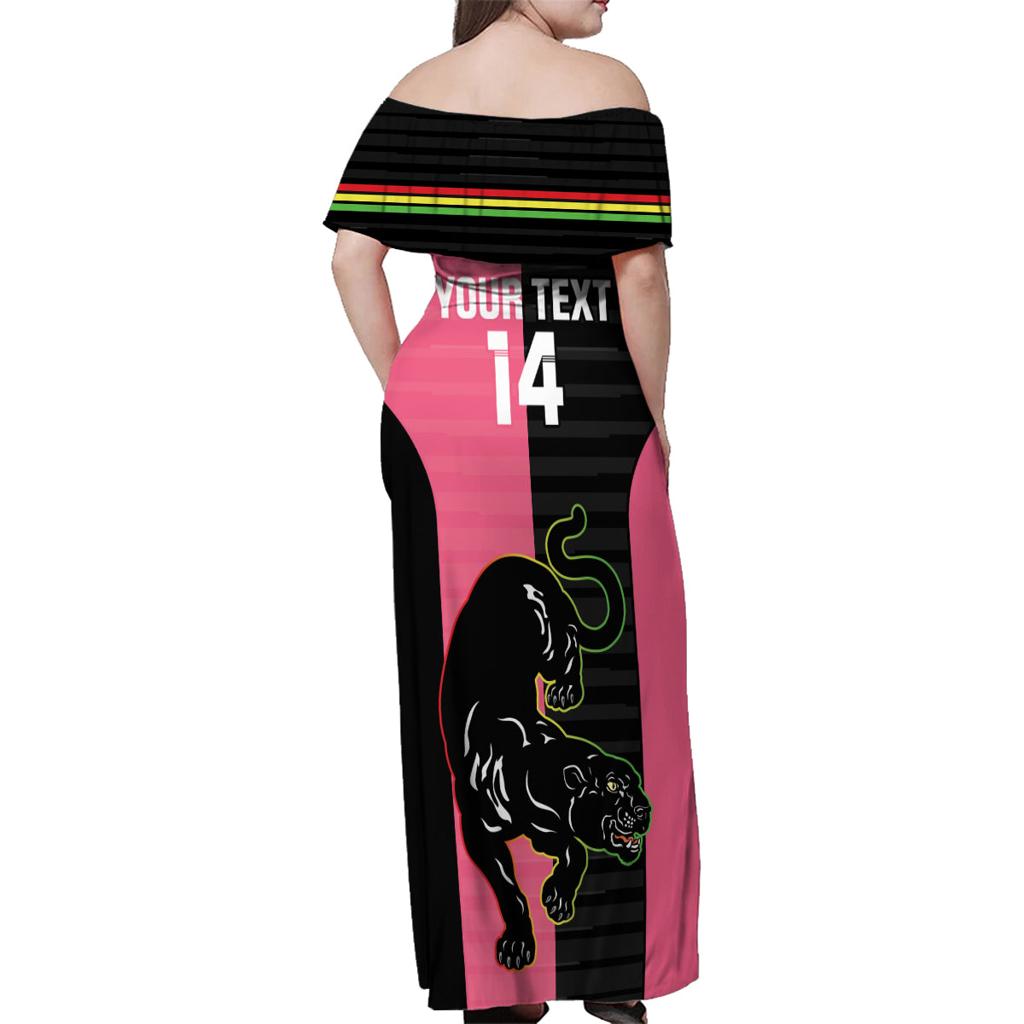 Custom Panthers Rugby Family Matching Off Shoulder Maxi Dress and Hawaiian Shirt Black Pink Color Sporty Style