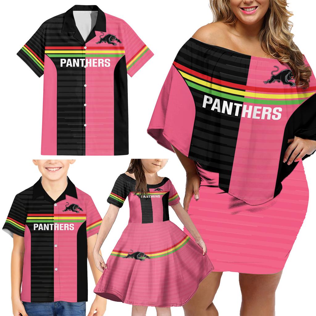 Custom Panthers Rugby Family Matching Off Shoulder Short Dress and Hawaiian Shirt Black Pink Color Sporty Style