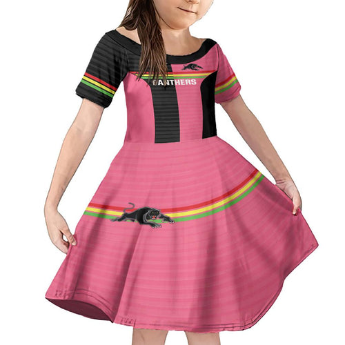 Custom Panthers Rugby Family Matching Off Shoulder Short Dress and Hawaiian Shirt Black Pink Color Sporty Style
