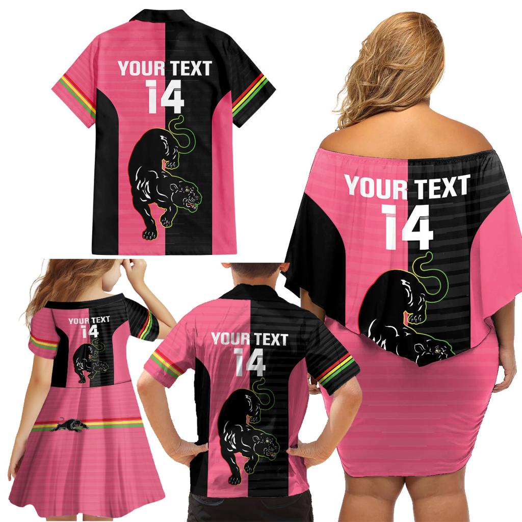 Custom Panthers Rugby Family Matching Off Shoulder Short Dress and Hawaiian Shirt Black Pink Color Sporty Style