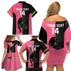 Custom Panthers Rugby Family Matching Off Shoulder Short Dress and Hawaiian Shirt Black Pink Color Sporty Style