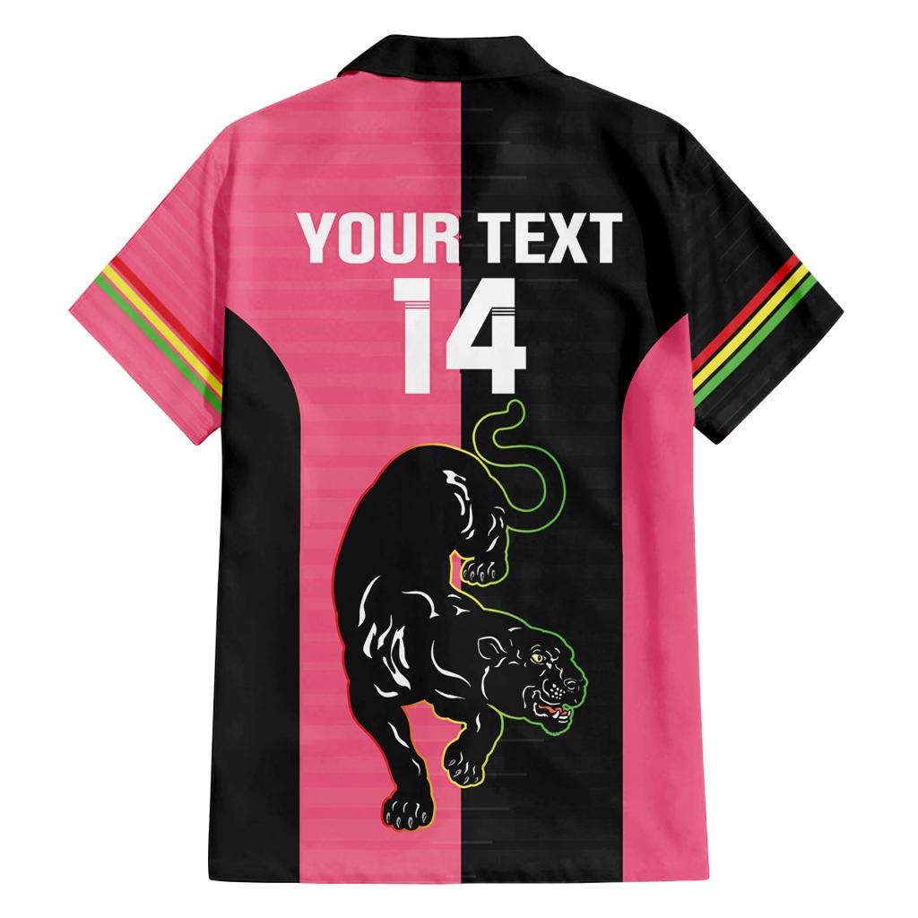 Custom Panthers Rugby Family Matching Off Shoulder Short Dress and Hawaiian Shirt Black Pink Color Sporty Style