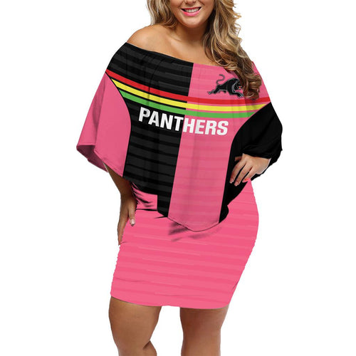 Custom Panthers Rugby Family Matching Off Shoulder Short Dress and Hawaiian Shirt Black Pink Color Sporty Style