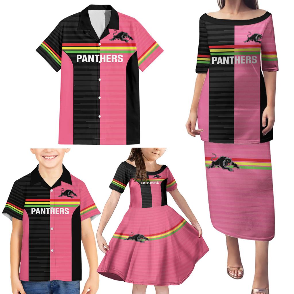 Custom Panthers Rugby Family Matching Puletasi and Hawaiian Shirt Black Pink Color Sporty Style