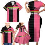 Custom Panthers Rugby Family Matching Short Sleeve Bodycon Dress and Hawaiian Shirt Black Pink Color Sporty Style