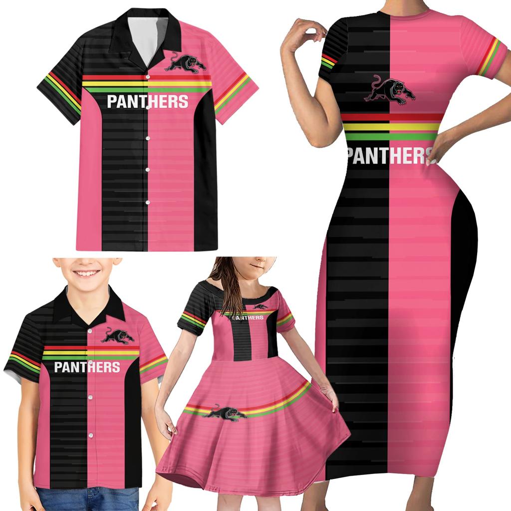 Custom Panthers Rugby Family Matching Short Sleeve Bodycon Dress and Hawaiian Shirt Black Pink Color Sporty Style