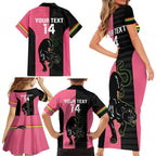 Custom Panthers Rugby Family Matching Short Sleeve Bodycon Dress and Hawaiian Shirt Black Pink Color Sporty Style