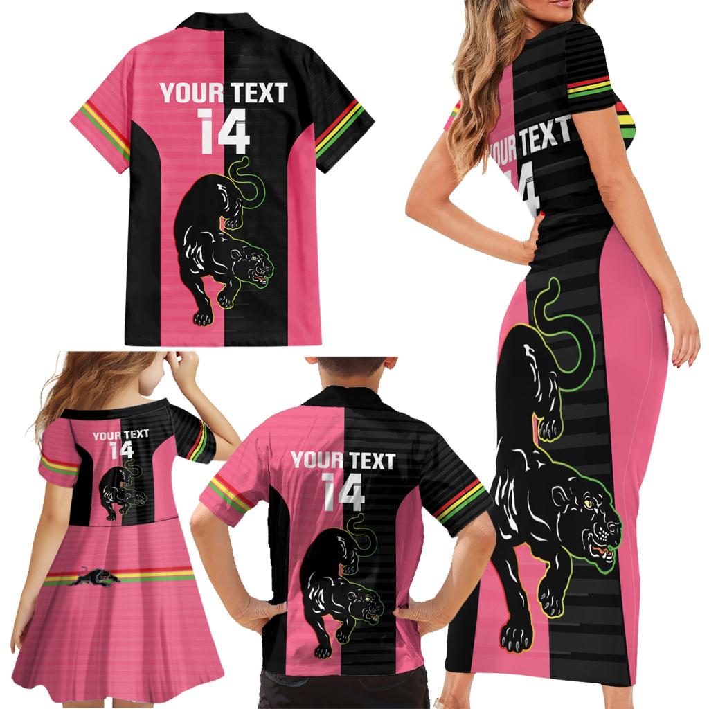 Custom Panthers Rugby Family Matching Short Sleeve Bodycon Dress and Hawaiian Shirt Black Pink Color Sporty Style