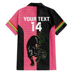 Custom Panthers Rugby Family Matching Short Sleeve Bodycon Dress and Hawaiian Shirt Black Pink Color Sporty Style