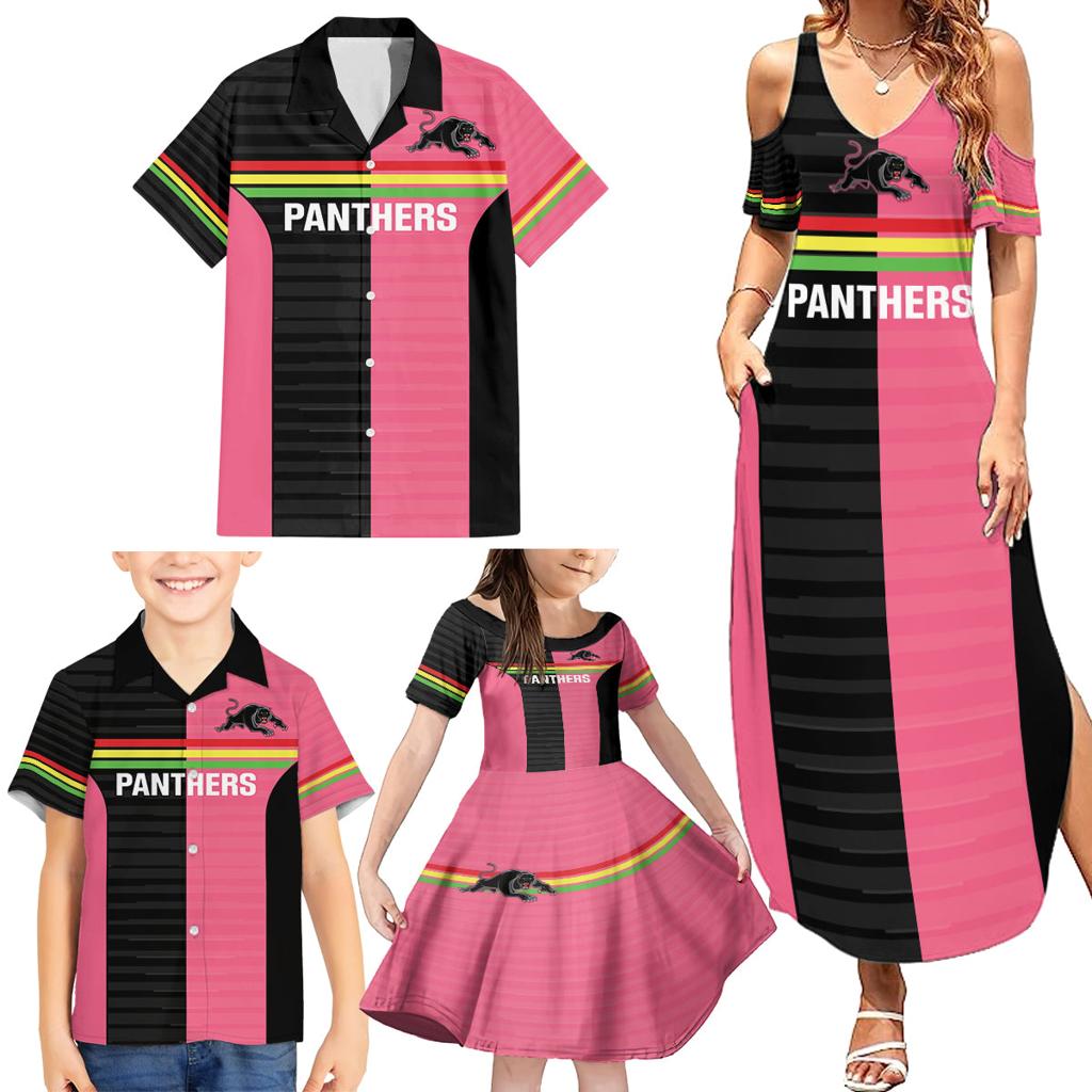 Custom Panthers Rugby Family Matching Summer Maxi Dress and Hawaiian Shirt Black Pink Color Sporty Style
